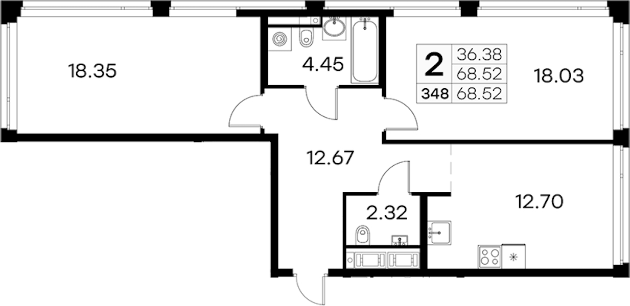 2-комнатная квартира 68.52 м², 18/19 эт., ЖК «GloraX Aura Vasileostrovsky»